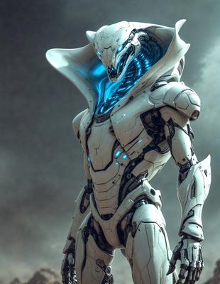 The primary subject of the image is a futuristic robot with a white and blue color scheme. The robot is wearing a white cape and has a blue face with a mouth and teeth. The setting is a dark background, which contrasts with the robot's bright colors. The visual style is digital art, as the robot appears to be a computer-generated character. The overall atmosphere is one of advanced technology and futuristic design.
